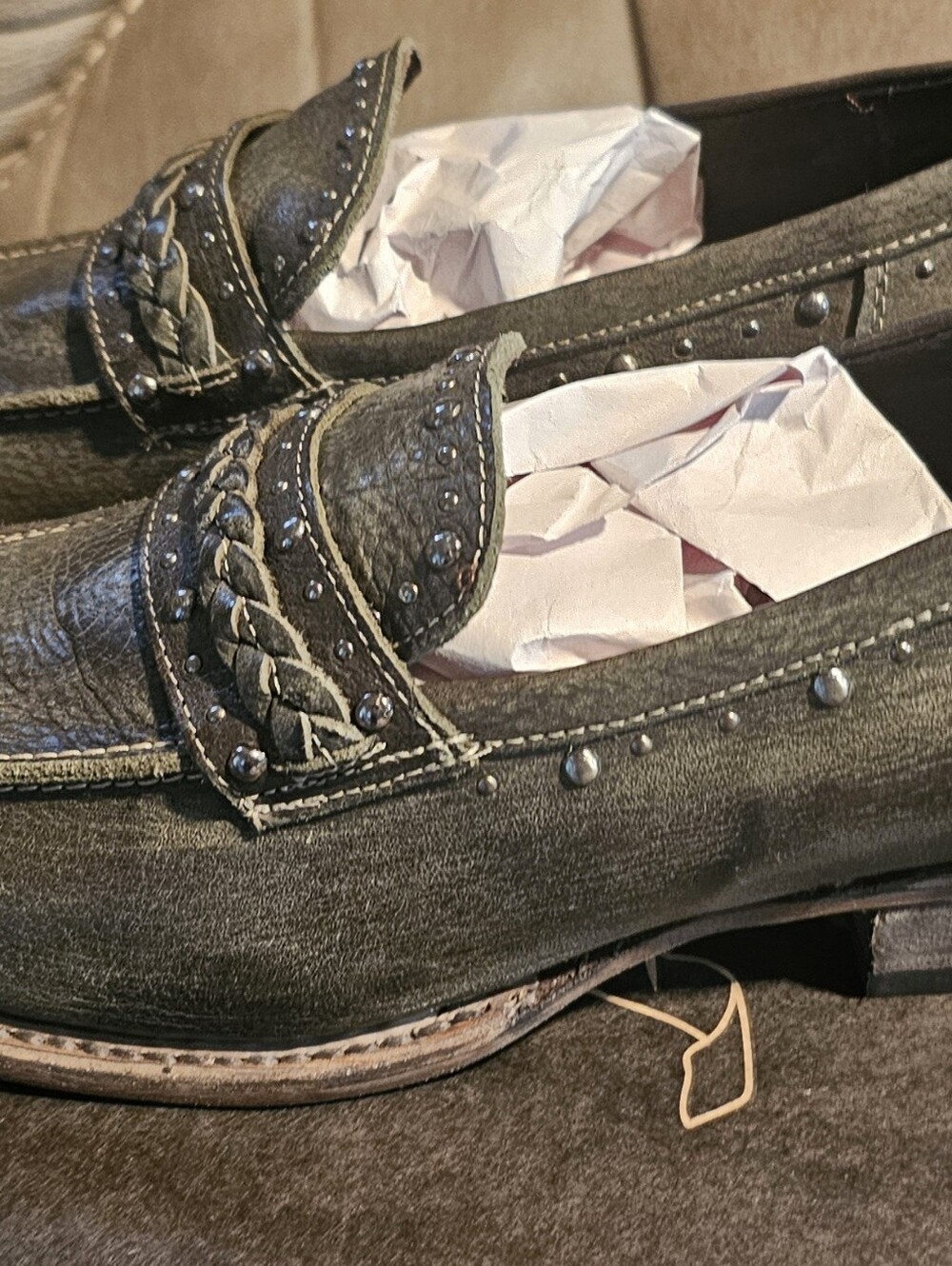 Women's Freebird Olive Green Leather Loafers with Stud and Braid Detail - Picture 4 of 4